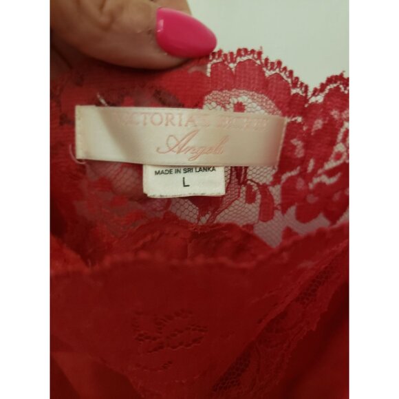 Victorias Secret Angel Red Lace Satin Nightgown Slip Dress Bow Adjustable Straps - Picture 9 of 16